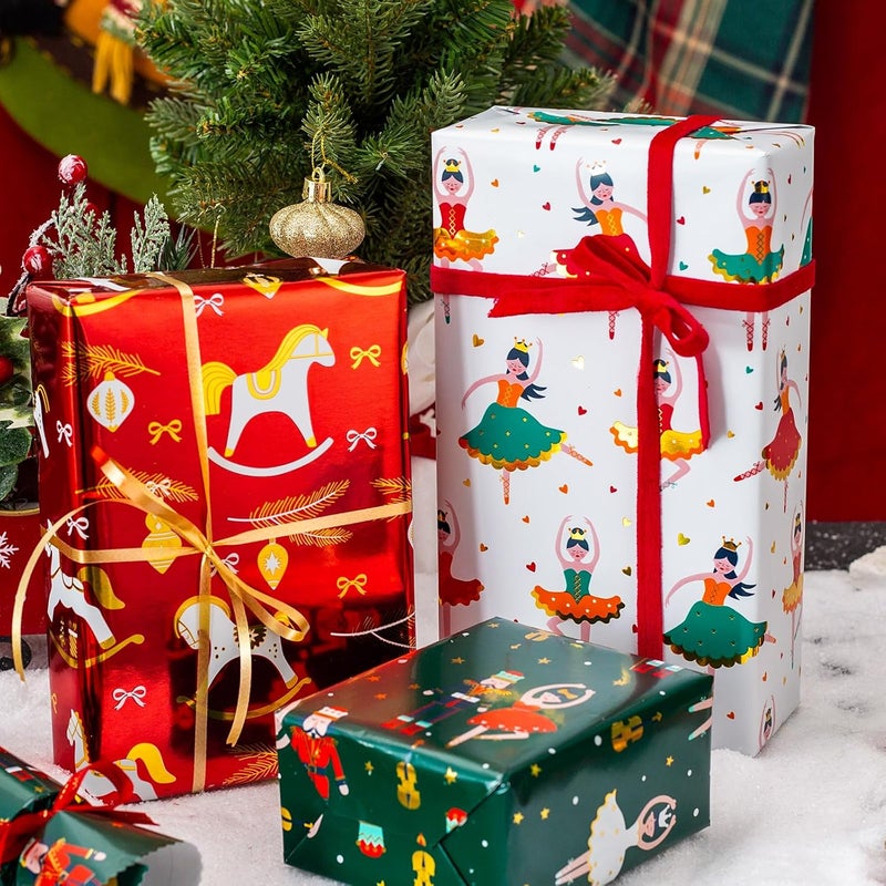 Yarcony Christmas Wrapping Paper Roll - 17In x 120In Per Roll - Metallic Foil Vintage Style Holiday Nutcracker, Red Rocking Horse, Christmas Ballet Present Gift Wrap Paper for Birthday, Baby Shower - Image 2